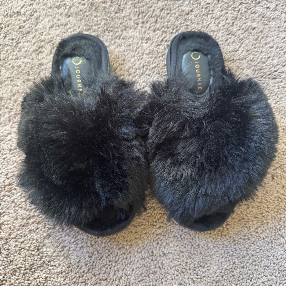 Journee Collection Black Furry Slippers